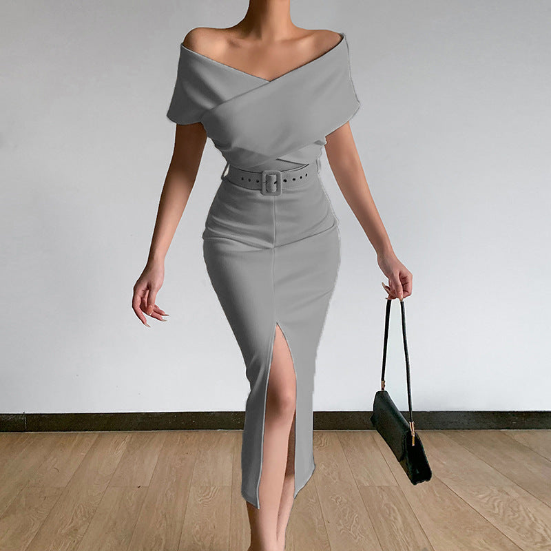 2024Spring and Summer New Elegant Graceful Commute Minimalist Young Europe and America Cross Border New off-the-Shoulder Belt Dress with Vents