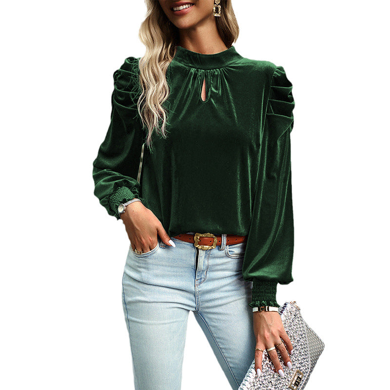 European and American Elegant Solid Color Velvet Chiffon Shirt Women2024Autumn New Fashion Pleating Stand Collar Pullover Women