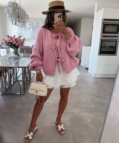 round Neck Tied Knitted Cardigan Jacket Autumn  Winter New Solid Color Commute Simple Sweater Women