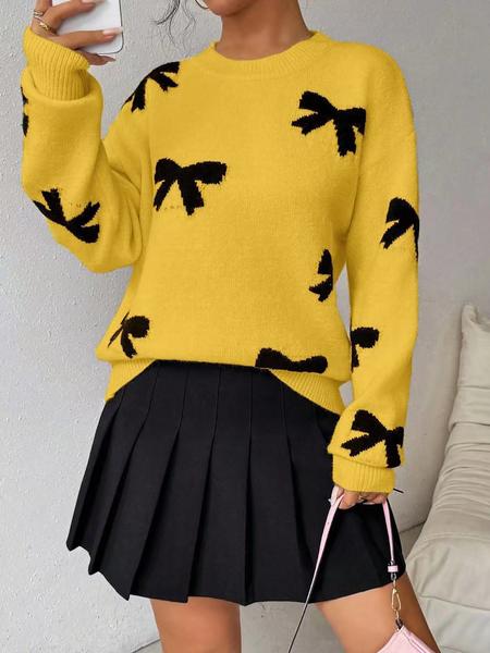 Fashion Bow Print Casual Basic Loose Knitted Sweater Pullover Autumn/Winter Women Pullovers New O-Neck Full Sleeve Knit Sweater, Knitwear - Seldom Seen Styles