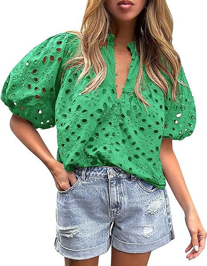 PRETTYGARDEN Women's Summer Tops Dressy Casual Short Lantern Sleeve V Neck Buttons Hollow Out Lace Embroidered Blouses Shirts