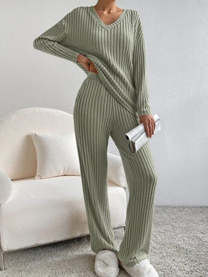 V Collar  Stripe Knitted Suit Two-Piece Set for Women2024Autumn New Fashion Casual Straight-Leg Pants Loose Temperament