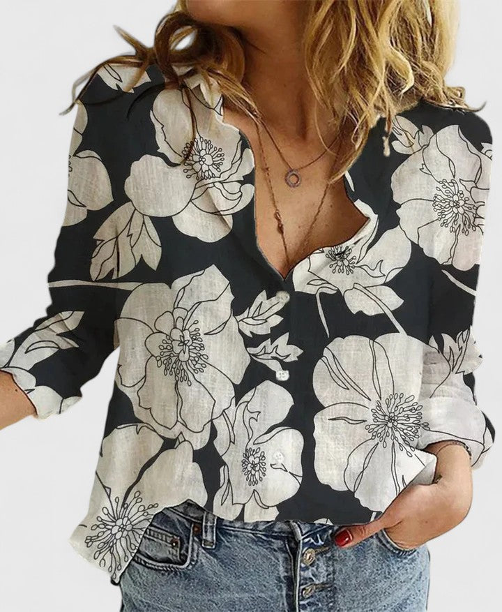 Womens Boho Floral Cotton Linen Shirt V Neck Button Down Roll Up Long Sleeve Lapel Blouse Tops 2025 - Seldom Seen Styles