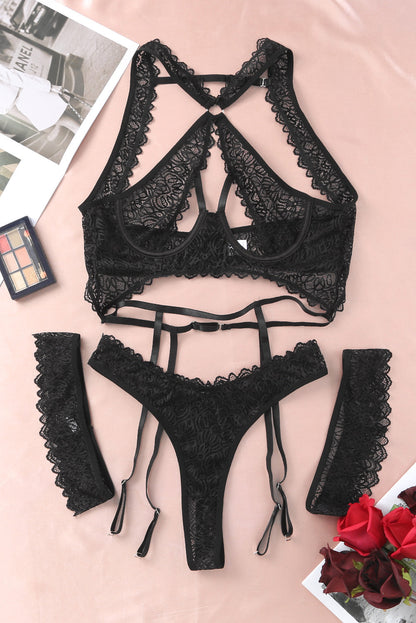 Black 3Pcs Open Cup Lace Strappy Lingerie Set