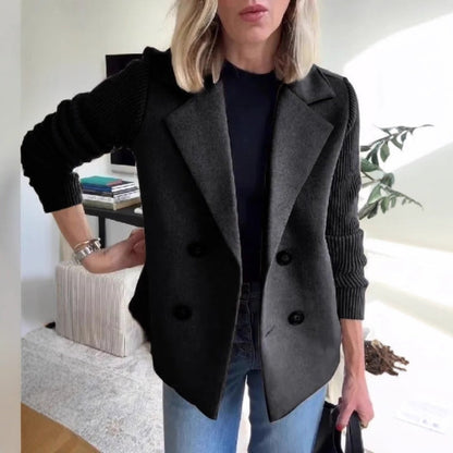 Women's Double Breasted Wool Pea Coat Notched Lapel Ribbed Knit Long Sleeve Sweater Short Blazer Jacket