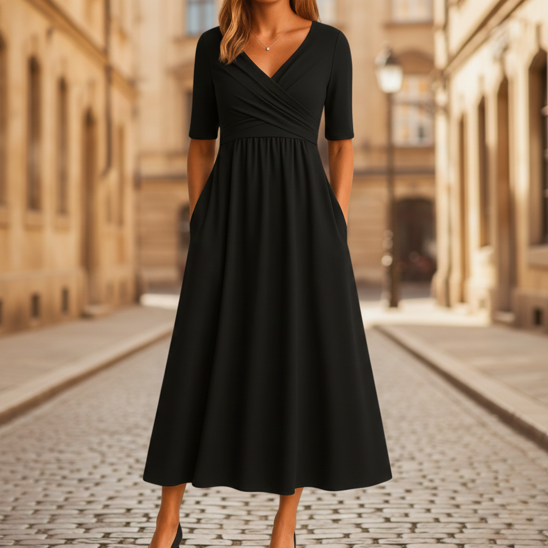 Midi Dress V Neck Wrap Short Sleeve Empire Waist Womens - Seldom Seen Styles