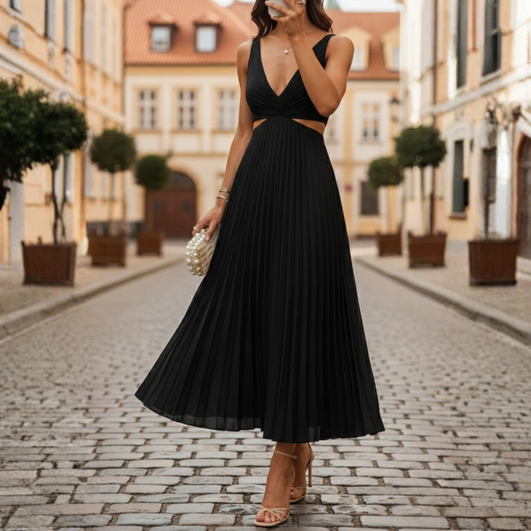 Sleeveless Pleated Midi Dress with V-Neck for Women - Seldom Seen Styles