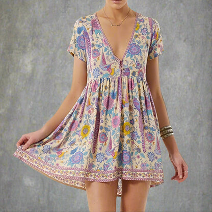 Boho Vintage Floral Print Mini Dress - Seldom Seen Styles