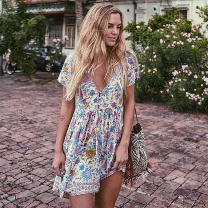 Boho Vintage Floral Print Mini Dress - Seldom Seen Styles