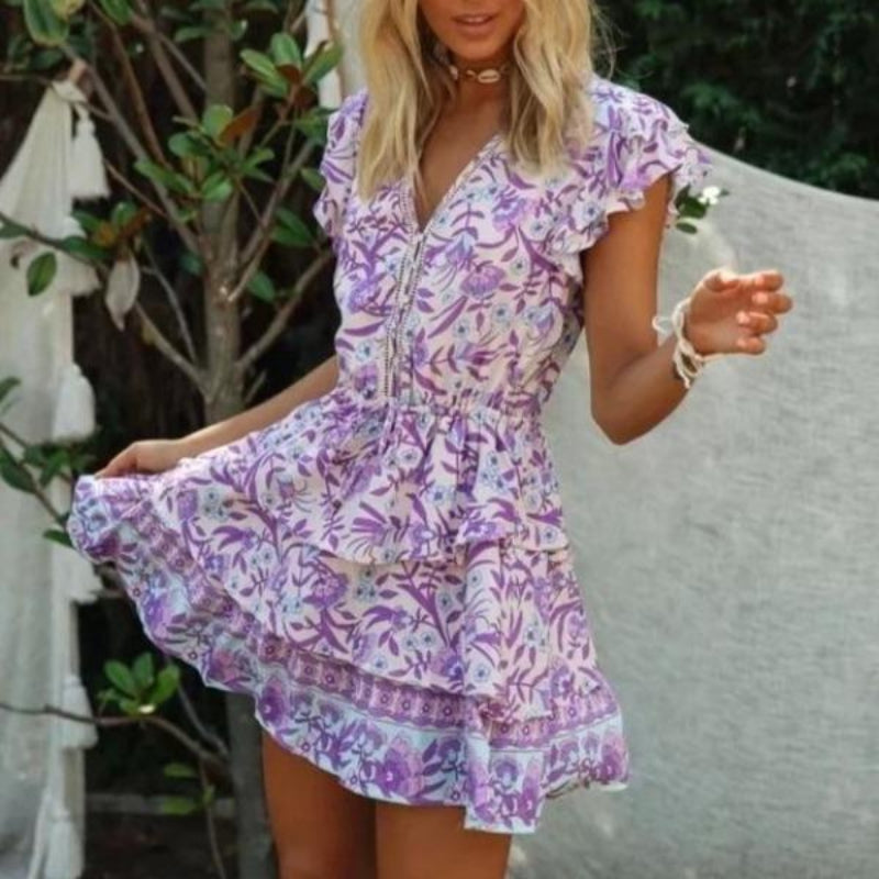 Boho Lilac Floral Print Mini Dress - Seldom Seen Styles