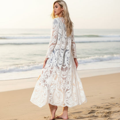 White Lace Long Beach Cardigan