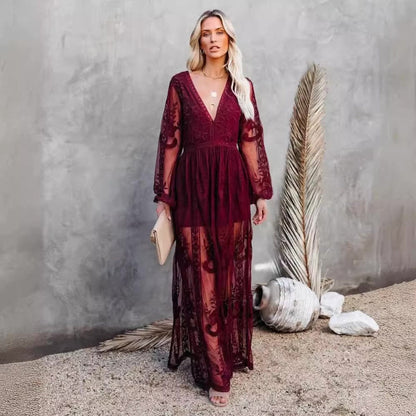 Boho Red Lace Maxi Dress