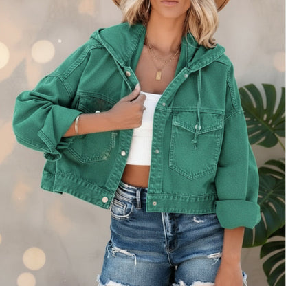 Boho Cropped Kapuzen-Jeansjacke