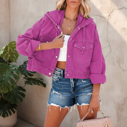 Boho Cropped Kapuzen-Jeansjacke