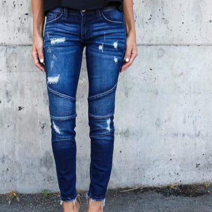 Skinny Ripped Pleated Stretch Denim Jeans