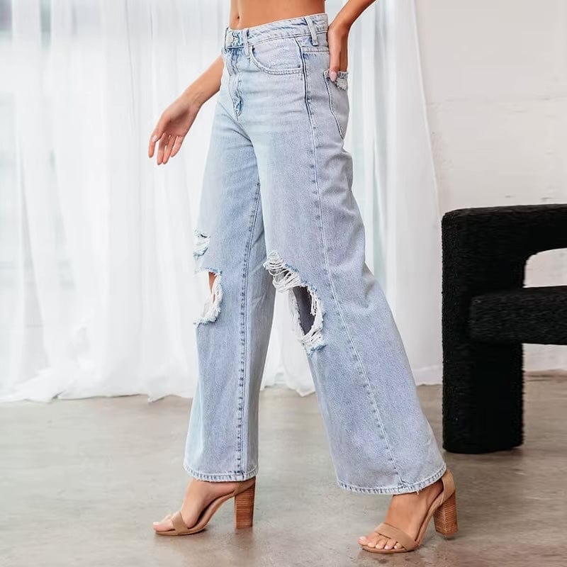 Boho High Waist Ripped Wide Leg Jeans - Seldom Seen Styles
