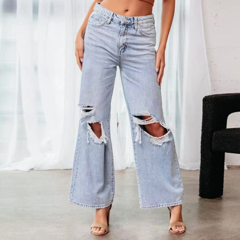 Boho High Waist Ripped Wide Leg Jeans - Seldom Seen Styles
