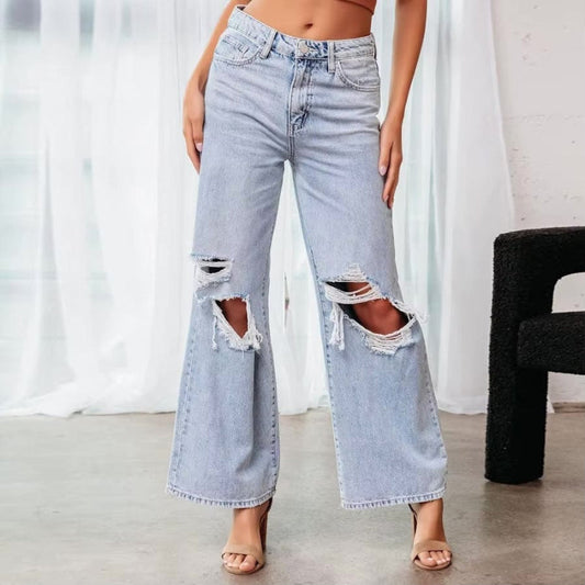 Boho High Waist Ripped Wide Leg Jeans - Seldom Seen Styles