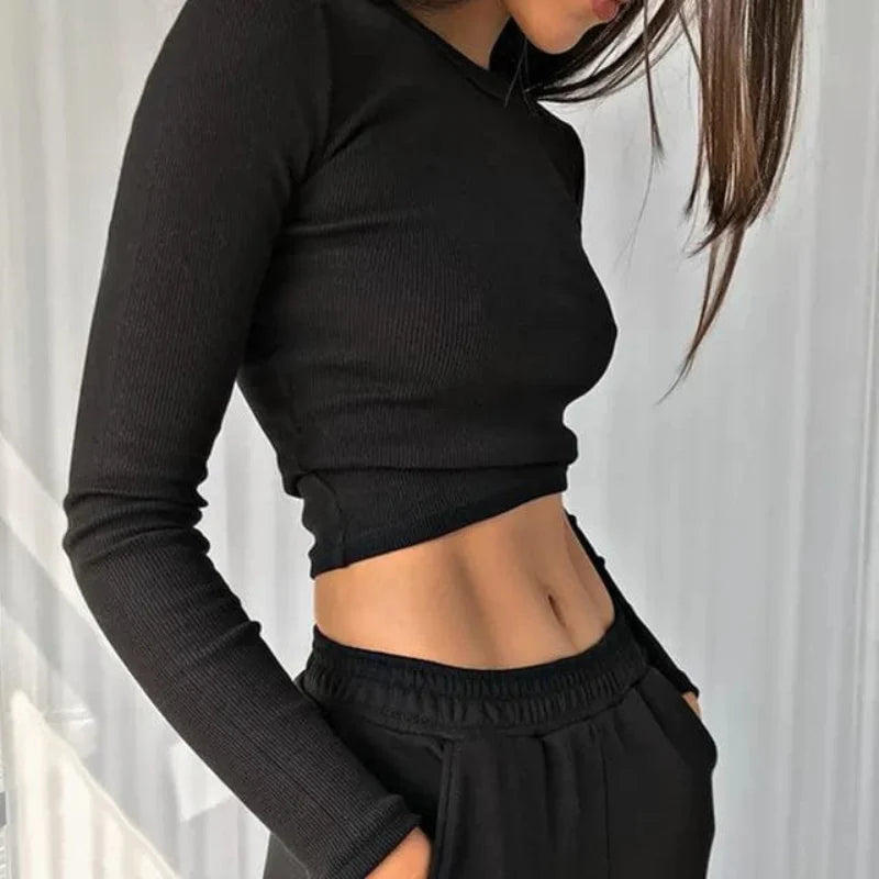 Ribbed Long Sleeve Casual Crop Top Shirt - Seldom Seen Styles
