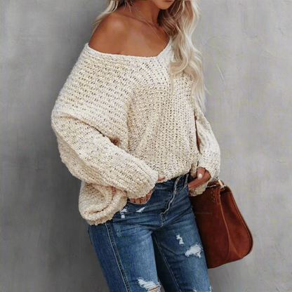 Boho Off Shoulder Knit V‑Neck Sweater