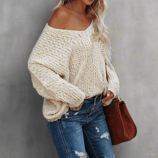 Boho Off Shoulder Knit V‑Neck Sweater - Seldom Seen Styles