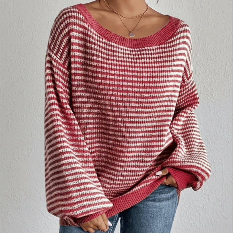 Boho Striped Slash Neck Lantern Sleeve Sweater - Seldom Seen Styles