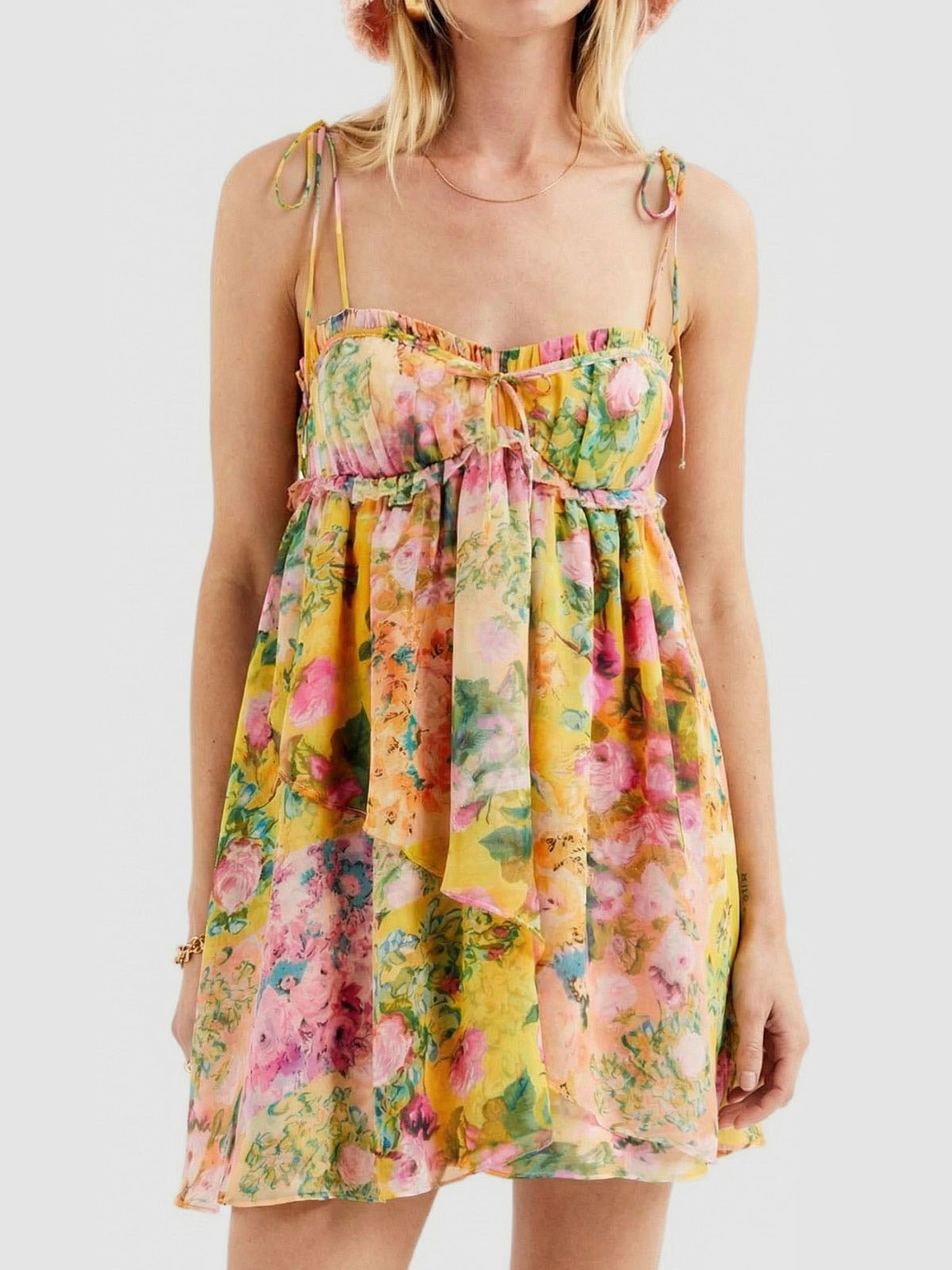 Boho Floral Tie Shoulder Resort Chiffon Babydoll Micro Mini Dress - Seldom Seen Styles