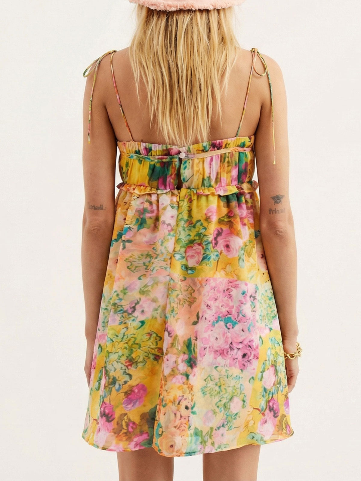Boho Floral Tie Shoulder Resort Chiffon Babydoll Micro Mini Dress - Seldom Seen Styles