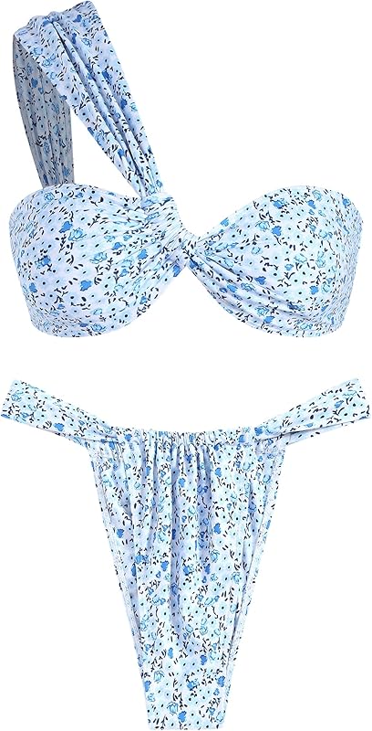 Women's One Shoulder Bikini Twisted Ruched High Cut Bandeau Bikini Set Two Piece Swimsuit - Seldom Seen Styles