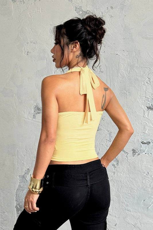 Solid Lace Trim Patchwork Deep V Halter Top - Seldom Seen Styles