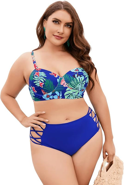 Women's Plus Size Tie Dye Rib Knit Ruched Drawstring Bikini Swimsuit - Seldom Seen Styles