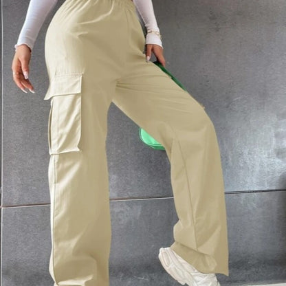 Girl's Elastic Waist Trousers Loose Straight Leg Flap Pocket Cargo Pants