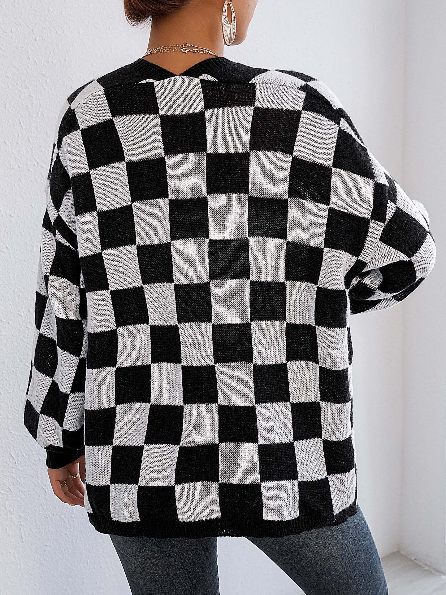 Women's Checkerboard Print Drop Shoulder Cardigan, Casual Long Sleeve Open Front Knitwear for Fall & Winter, Women's Knit Clothing for Daily Wear