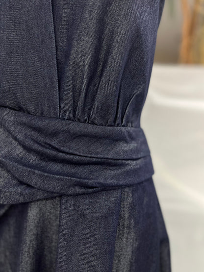 Women's Dark Navy Denim Halter Neck Wrap Ruched Maxi Dress Sleeveless Backless S M L MiniHey HH8230