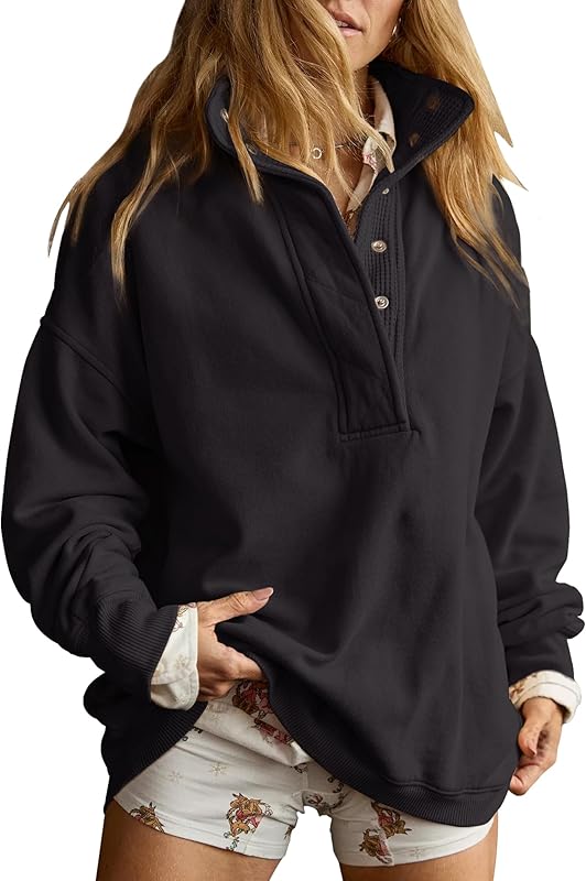 Sweatshirt for Women Oversized Casual Long Sleeve Button Henley Neck Pullover Tops Fashion Outfits Clothes - Seldom Seen Styles