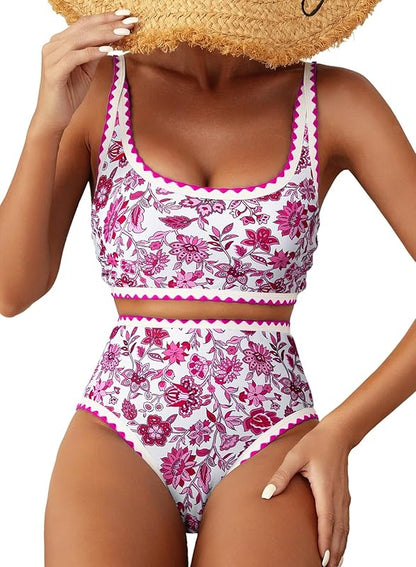 Women's Bikini Sets Floral Print Whip Stitch 2 Piece Swimsuits High Waisted Scoop Bathing Suits - Seldom Seen Styles