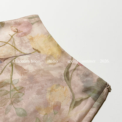 Vintage Oil Painting Floral Print Midi Skirt 100% Polyester Side Zip A-Line Elegant Summer Skirt