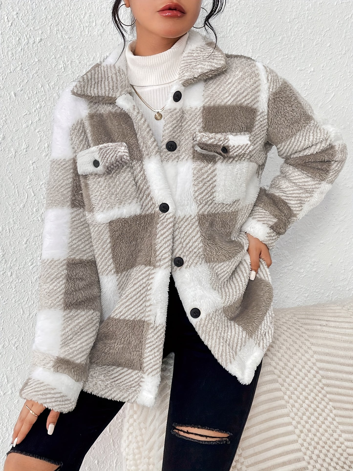 Stylish Plaid Pattern Long Sleeve Jacket - Soft, High-Elasticity Polyester Outerwear with Elegant Design for Fall and Winter, Machine Washable, Womens Clothing