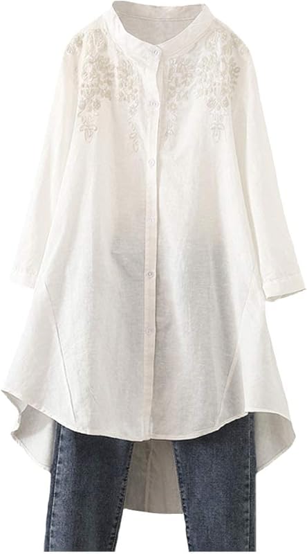 Minibee Women Cotton Linen Shirt High Low Button Down Embroidered Blouse Long Sleeve Tunic Tops