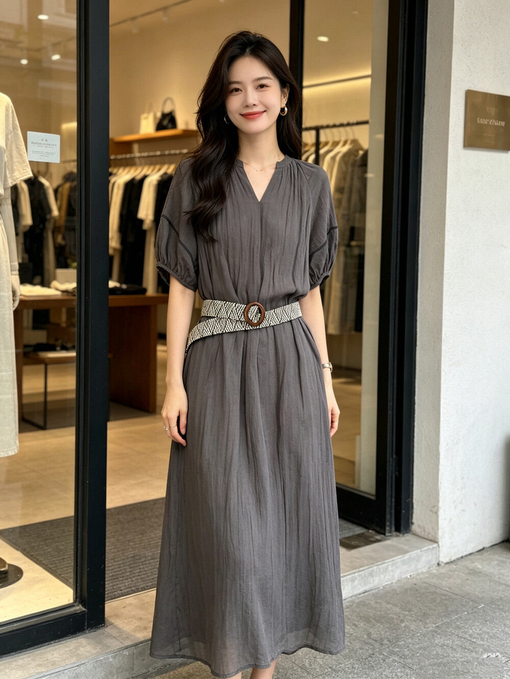 V-Neck Puff Sleeve Loose Flowy Maxi Dress with Woven Belt Included Crinkle Texture Elegant Casual Summer Dress White Dark Grey - Seldom Seen Styles