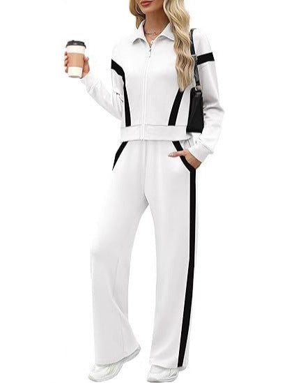 Women's 2 Piece Lounge Outfits Zip Up Sweat Set Contrast Striped Wide Leg Jogging Pants Travel Track Suit