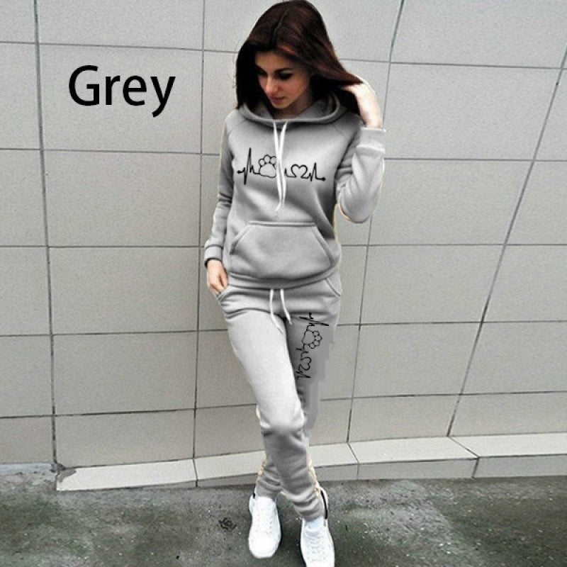 Two-Piece Set Women's Heart Print Raglan Sleeve Hoodie & Drawstring Waist Sweatpants Set, Casual Long Sleeve Hooded Pullover & Pocket Jogger Pants, Women's Fall & Winter Clothes, Holiday Outfits, Soft Clothes - Seldom Seen Styles