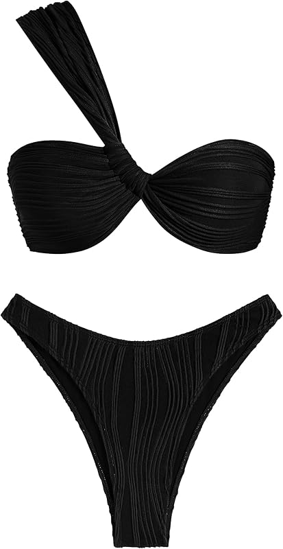 Women's One Shoulder Bikini Twisted Ruched High Cut Bandeau Bikini Set Two Piece Swimsuit - Seldom Seen Styles