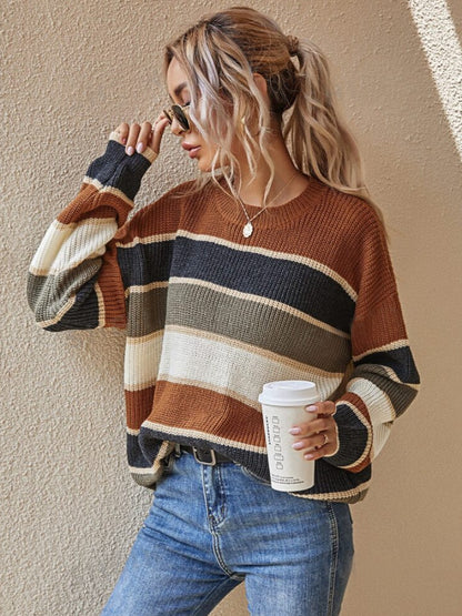 Women's Colorblock Striped Print Drop Shoulder Sweater, Soft Casual Long Sleeve Round Neck Jumper for Fall & Winter, Fashion Ladies' Knitwear for Daily Wear