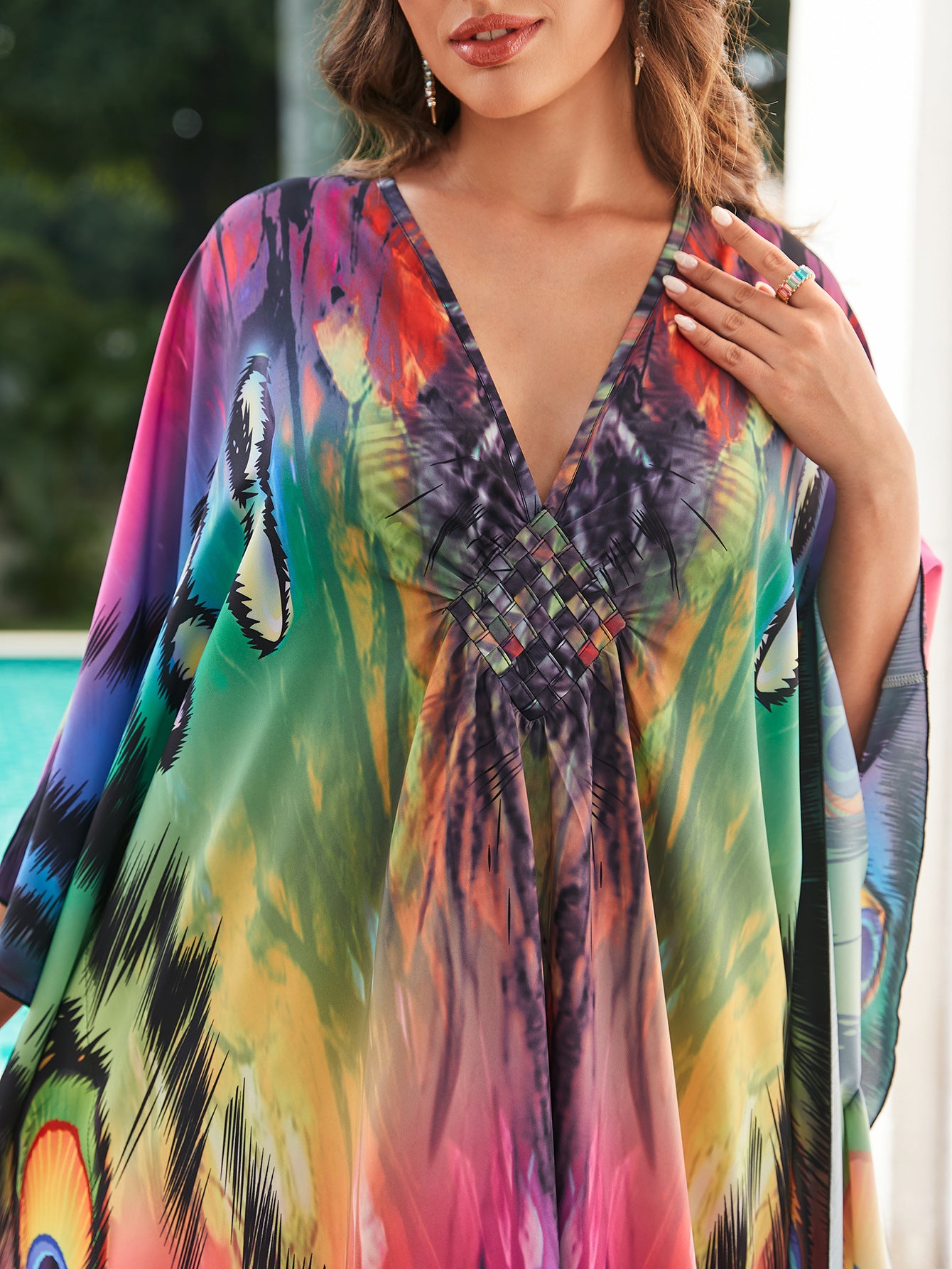 [Plus Size] Butterfly/feather Print Ruched Split Hem Tunic Dress, Valentine's Day Elegant Batwing Sleeve V Neck Long Dress for Summer, Casual Womenswear, Gift, Homecoming Dresses, Women's Clothes for Beach Holiday Vacation, Moo Moo Dresses