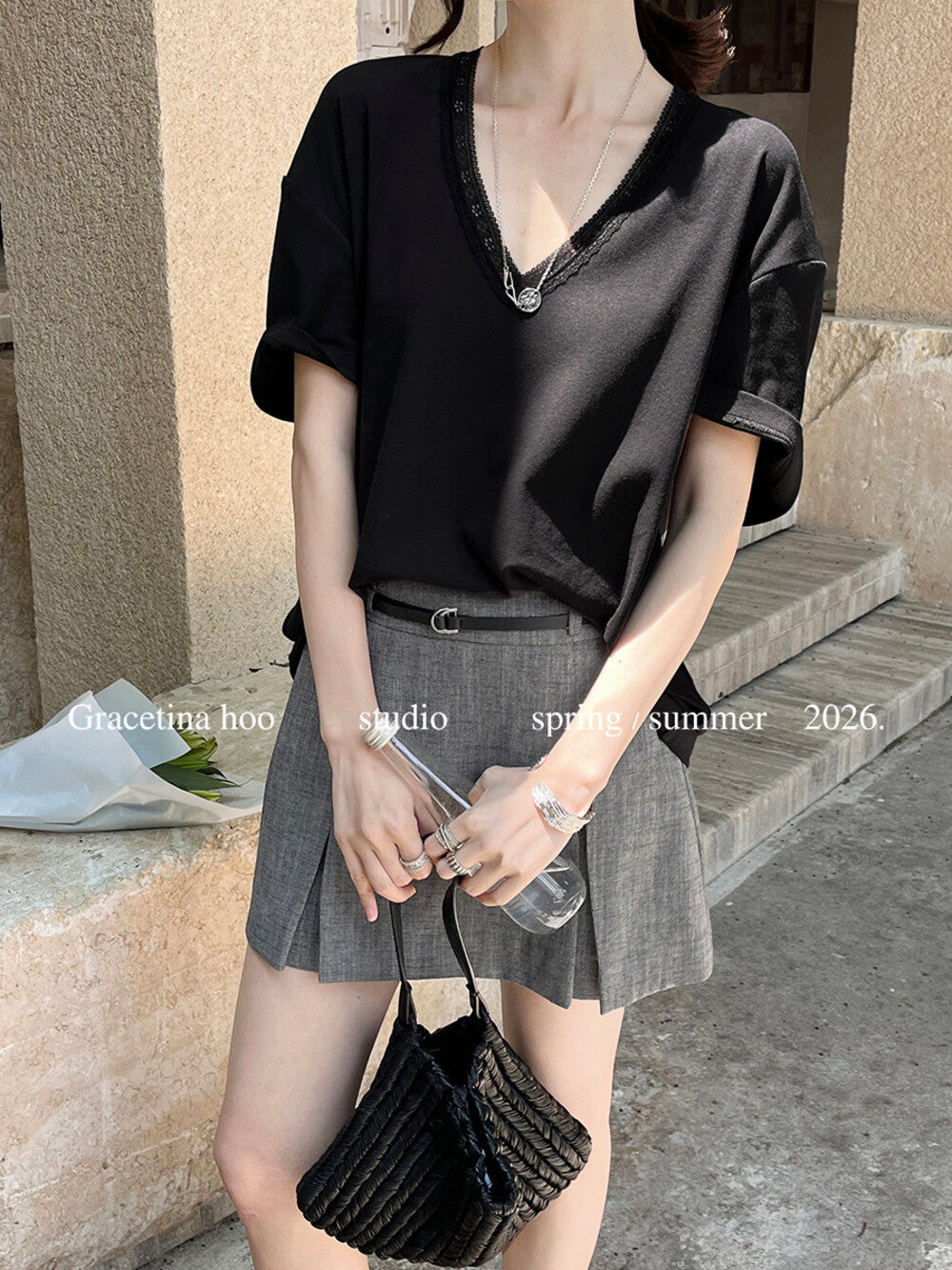 French Lace V-Neck T-Shirt – Minimal Loose Fit Casual Chic Summer Tee - Seldom Seen Styles