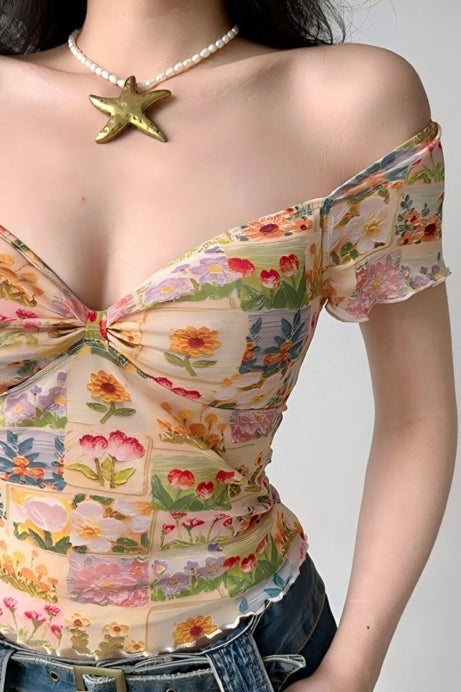 Floral Mesh Slim V Neck Tube Blouse - Seldom Seen Styles