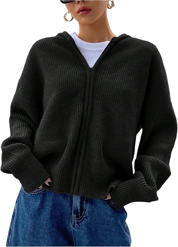 Women's Zip Up Hooded Cardigan Sweater Knitted Drop Shoulder Fall Hoodies Outerwear - Seldom Seen Styles