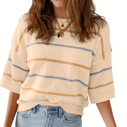 Shewin 2026 SummerVibes Women's Shortsleeve Round Neck Striped Pullover - Soft Breathable Polyester Sweatshirt, Chic Casual Fit, Ladies' Clothing for Daily Wear