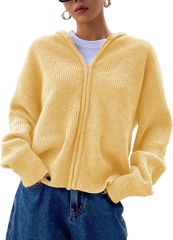 Women's Zip Up Hooded Cardigan Sweater Knitted Drop Shoulder Fall Hoodies Outerwear - Seldom Seen Styles